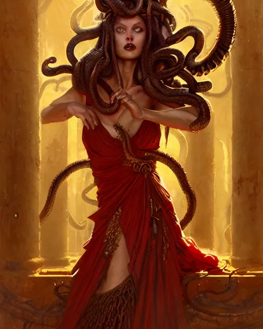 Image similar to fierce medusa in an epic red and golden dress standing in an old temple yard, fantasy character portrait, ultra realistic, concept art, intricate details, highly detailed by greg rutkowski, gaston bussiere, craig mullins, simon bisley