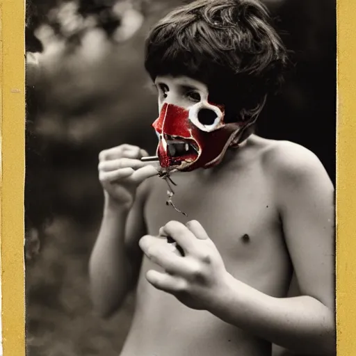 Image similar to teenage boy with skull mask smoking by sally mann