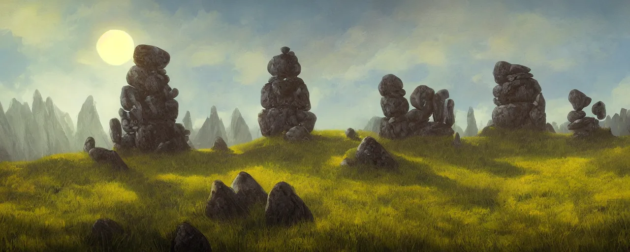 Image similar to a meadow hill landscape with tall stones on the top forming a circle, by anato finnstark