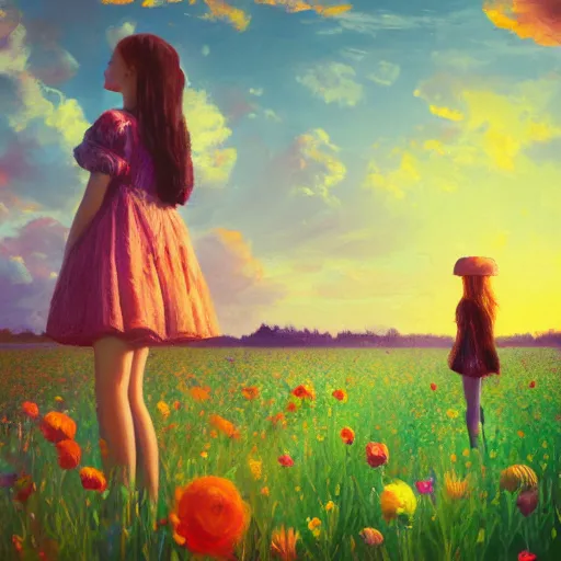 Prompt: large flower head, girl standing in a flower field, surreal photography, sunrise dramatic light, impressionist painting, colorful clouds, digital painting, artstation, simon stalenhag