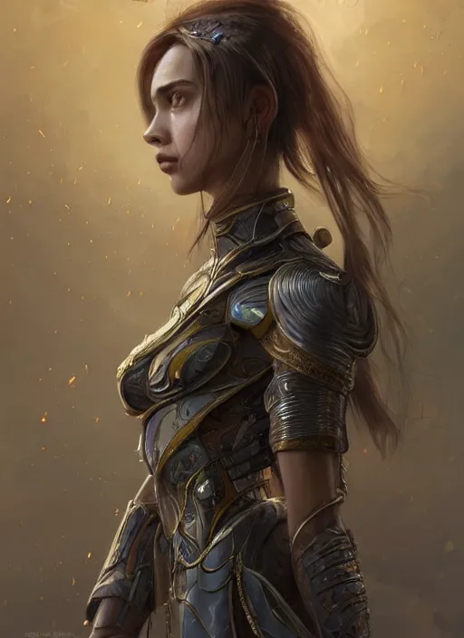 Image similar to a professional portrait of a beautiful young female, clothed in ethereal battle armor, olive skin, long dark hair, beautiful bone structure, symmetrical facial features, intricate, elegant, digital painting, concept art, smooth, sharp focus, finely detailed, illustration, from Valerian and the City of a Thousand Planets, in the style of Ruan Jia and Mandy Jurgens and Artgerm and Greg Rutkowski and William-Adolphe Bouguerea