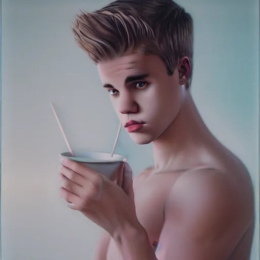 Image similar to justin bieber in milk, cottage core, cinematic focus, polaroid photo bleached vintage pastel colors high - key lighting, soft lights, foggy, by steve hanks, by lisa yuskavage, by serov valentin, by tarkovsky, 8 k render, detailed, oil on canvas