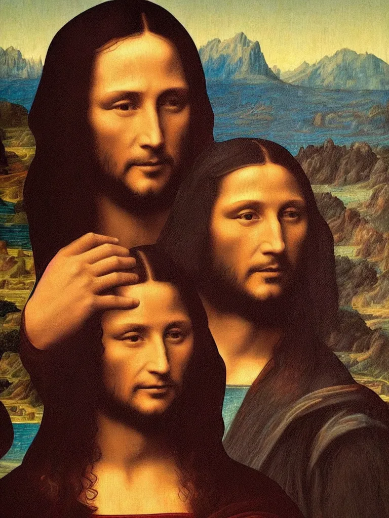 Image similar to painting of keanu reeves in the style of mona lisa, painting by leonardo da vinci