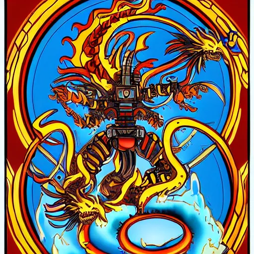 Image similar to Automaton, fire dragon spirit, Pathfinder, Robot, Overload, art by Graey Erb, full shot, pop art