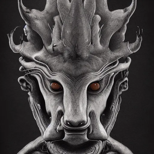 Image similar to a human with wolf head, naraka buddhist demon japan, thailand art, tubular creature, blood vesels, dystopian surrealism, artstyle alex ries zdzisław beksinski, symmetry accurate features, very intricate details, high resolution, symmetrical long head, smooth marble surfaces, detailed ink illustration, metal gear, cinematic smooth stone, deep aesthetic, concept art