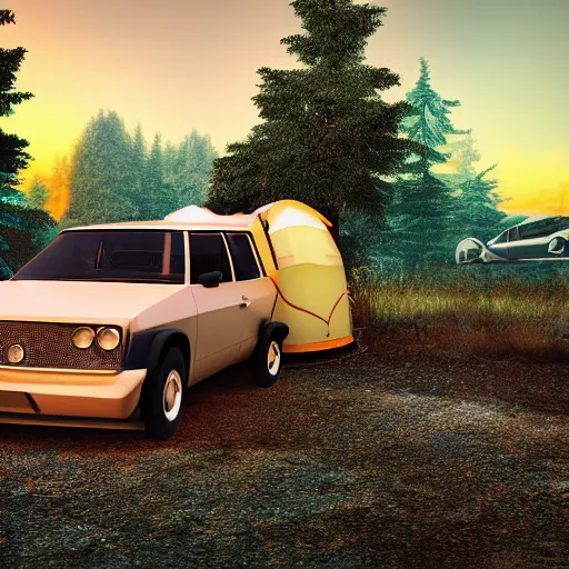Prompt: a camping car made of retrofuturistic design, sunset, hazy, volumetric lighting, rtx on, washed out dark colors, an award - winning digital render, beautiful, stunning, ultradetailed, great composition