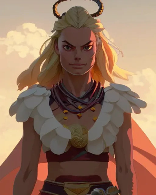 Image similar to azctec warrior, margot robbie, detailed perfect face, exquisite details, fire magic, mid view, design on a white background, by studio muti, greg rutkowski makoto shinkai takashi takeuchi studio ghibli