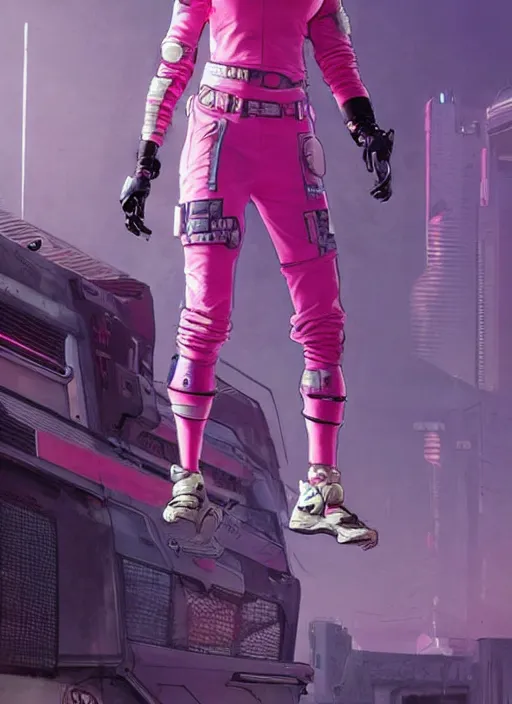 Image similar to apex legends cyberpunk athlete in pink jumpsuit. concept art by james gurney and mœbius. cinematic, hyper realism, realistic proportions, dramatic lighting, high detail 4 k