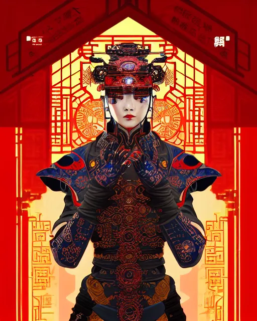 Image similar to portrait of a chinese cyberpunk machine, machine face, robed, upper half portrait, decorated with chinese opera motifs regal royal fierce machine robot cyberpunk fine china, wuxia, traditional chinese art intricate intense elegant highly detailed digital painting artstation concept art smooth sharp focus illustration, art by artgerm and greg rutkowski alphonse mucha 8 k