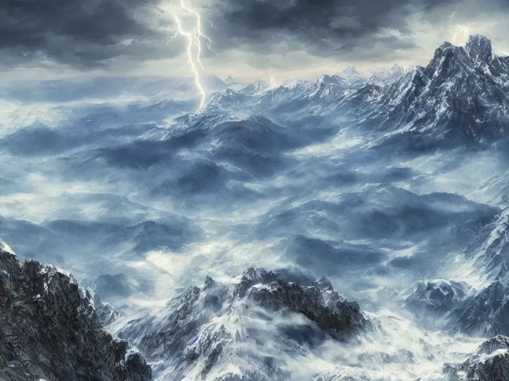 Image similar to realistic view from a mountaintop, high mountains, alps, pyranees, digital painting, 4 k, wallpaper, realistic lightning