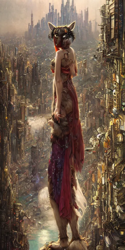 Image similar to hyper realistic Princess Mononoke in her mask, busy cyberpunk metropolis, city landscape, wolves, magic, castle, jewels, style of tom bagshaw, mucha, james gurney, norman rockwell, gems and gold, waterfalls, denoised, sharp