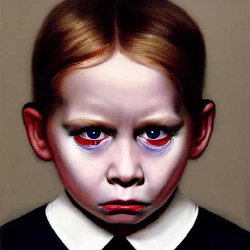 Image similar to high quality high detail painting by gottfried helnwein, hd, portrait of a psychopath, intense unsettling look in the eyes, photorealistic lighting