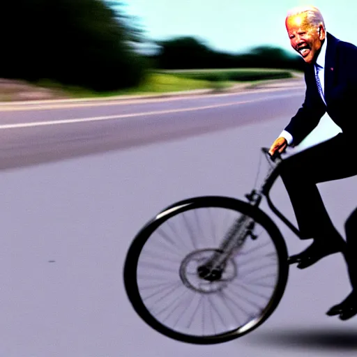 Image similar to ultra realistic photo of joe biden falling off of his bike, film, perfect face, in the style of a candid photo