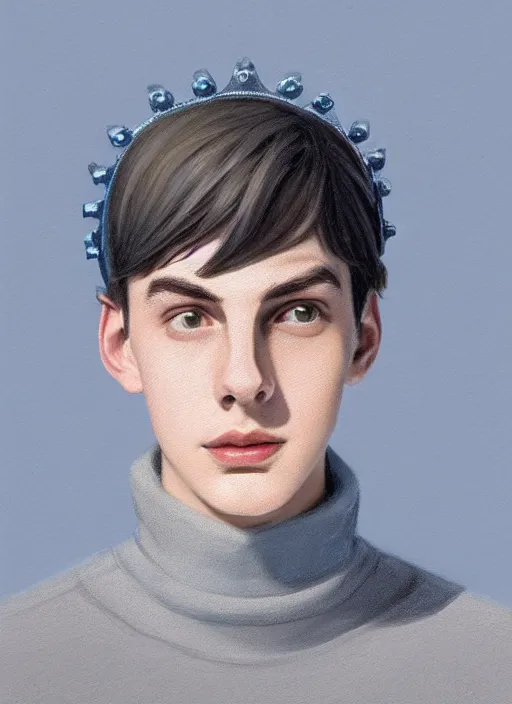 Image similar to portrait of teenage jughead jones wearing a light grey crown, crown, light grey crown, blue turtleneck, 1 9 5 0 s, closed eyes, intricate, elegant, glowing lights, highly detailed, digital painting, artstation, concept art, smooth, sharp focus, illustration, art by wlop, mars ravelo and greg rutkowski