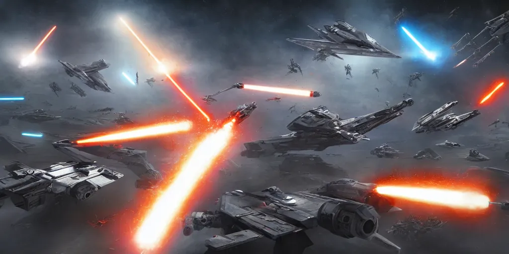 Image similar to aerial long shot, sci - fi battlefield, star wars republic clones versus droid with blaster fire and explosions, digital art, art station, render, volumetric light