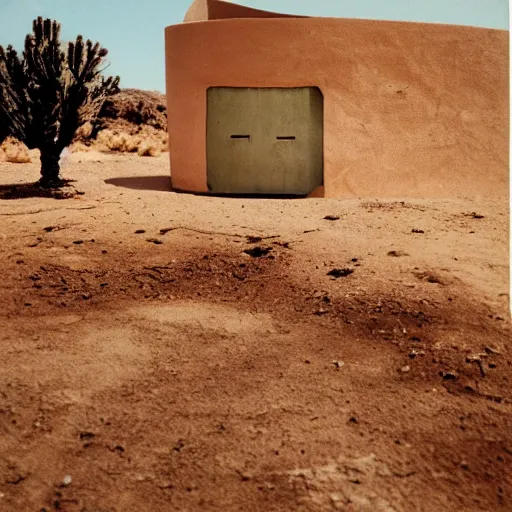 Image similar to a Non-Euclidean orb-like clay house sitting in the desert, vintage photo, beautiful cinematography, blue sky, film grain