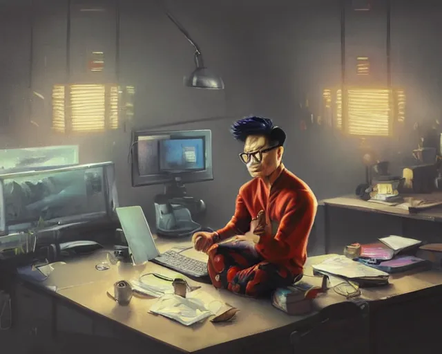 Image similar to an insanely detailed painting of a nerdy asian man wearing a superhero costume, sitting at a desk, staring at the nervously at the computer and typing, in the style of peter mohrbacher, dramatic lighting and composition, surreal background, octane render, pixar, trending on artstation, concept art, comic book, view from behind