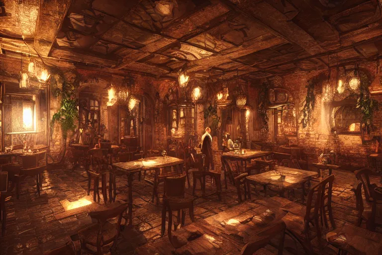 Prompt: inside a a lush tavern found in italy, artgerm, yoshitaka amano, gothic interior, 8 k, octane render, unreal engine