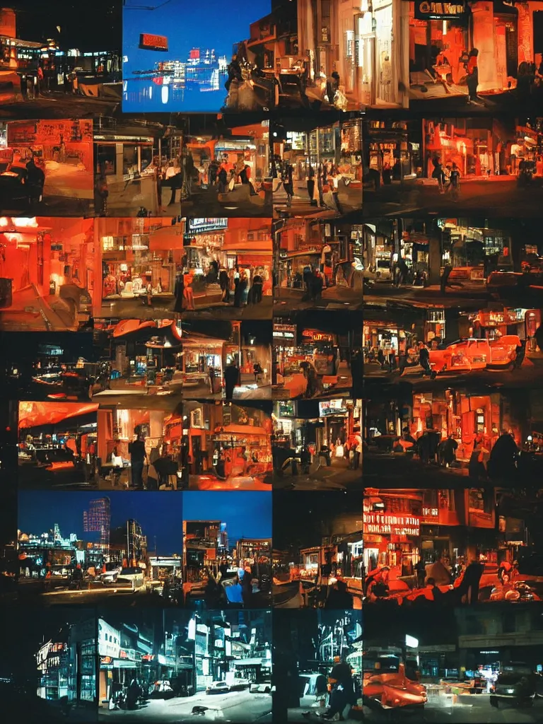 Prompt: outdoorsy guys club likes to look at the exteriors of urban architecture cinematic lighting film quality by darius khondji wong kar-wai night:2 time scenes reflections through windows:2 red:4 and blue:3 lights orange:4 lights busy nightlife:2 in city scene nostalgic:4 quality