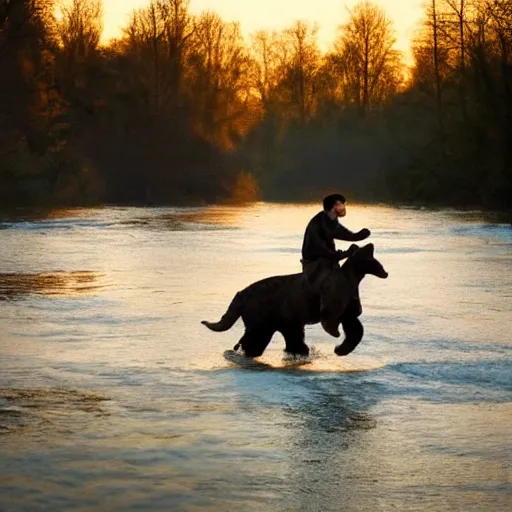 Image similar to high quality photograph of volodimir zelenski riding a bear across a river, golden hour