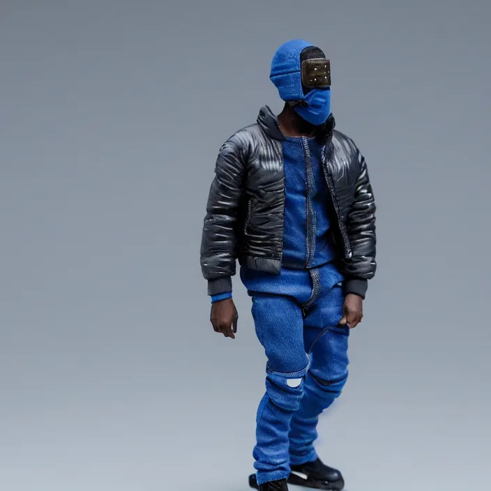 Image similar to a action figure of kanye west using full face - covering mask with small holes. a small, tight, undersized reflective bright blue round puffer jacket made of nylon. a shirt underneath. jeans pants. a pair of big rubber boots, figurine, detailed product photo, 4 k, realistic, acton figure, studio lighting, professional photo