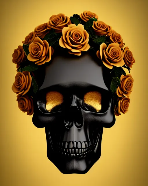 Image similar to detailed 3 d cycles render of a black dark skull skeleton with golden roses growing out of ribcage darkly elegant digital skull art by billelis and beeple