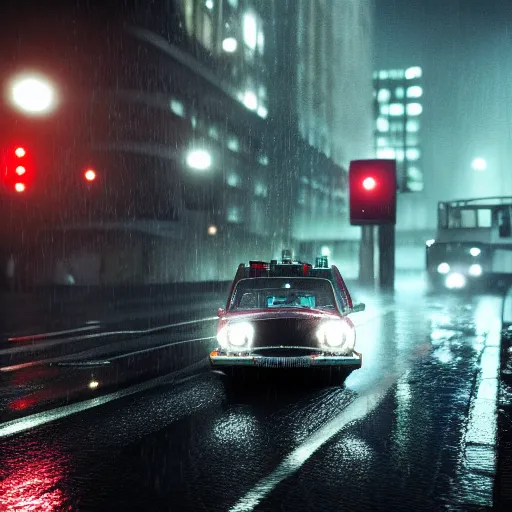 Image similar to hyperdetailed, photorealistic photograph of the ecto 1 driving in the streets, rain, night, dense fog, hd, unreal engine 5