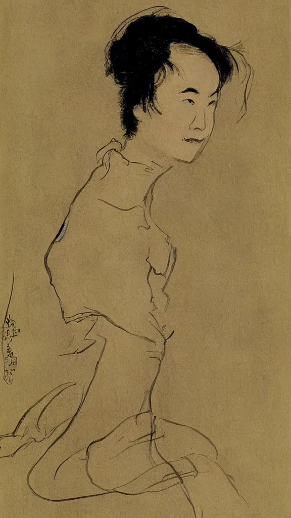 Image similar to Maggie Cheung, portrait en buste, by Henri Tolouse-Lautrec