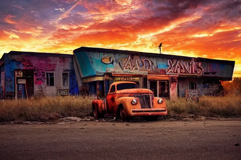 Image similar to a sunset light landscape with historical route 6 6, lots of sparkling details and sun ray ’ s, blinding backlight, smoke, volumetric lighting, colorful, octane, 3 5 mm, abandoned gas station, old rusty pickup - truck, beautiful epic colored reflections, very colorful heavenly, softlight