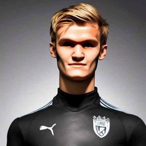 Image similar to a realistic detailed photo of a guy who is an attractive humanoid who is half robot and half humanoid, who is a male android, soccer player martin ødegaard, shiny skin, posing like a statue, blank stare, in a living room, on display, showing off his muscles