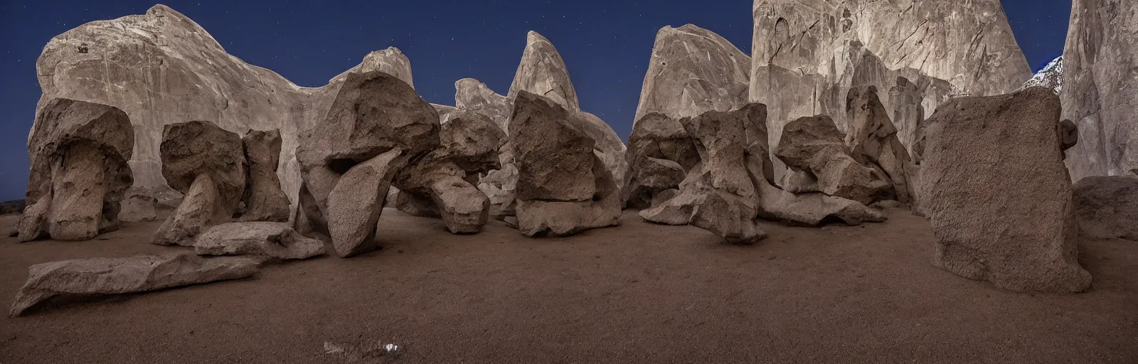 Image similar to to fathom hell or soar angelic, just take a pinch of psychedelic, medium format photograph of two colossal minimalistic necktie sculpture installations by antony gormley and anthony caro in yosemite national park, made from iron, marble, and limestone, granite peaks visible in the background, taken in the night