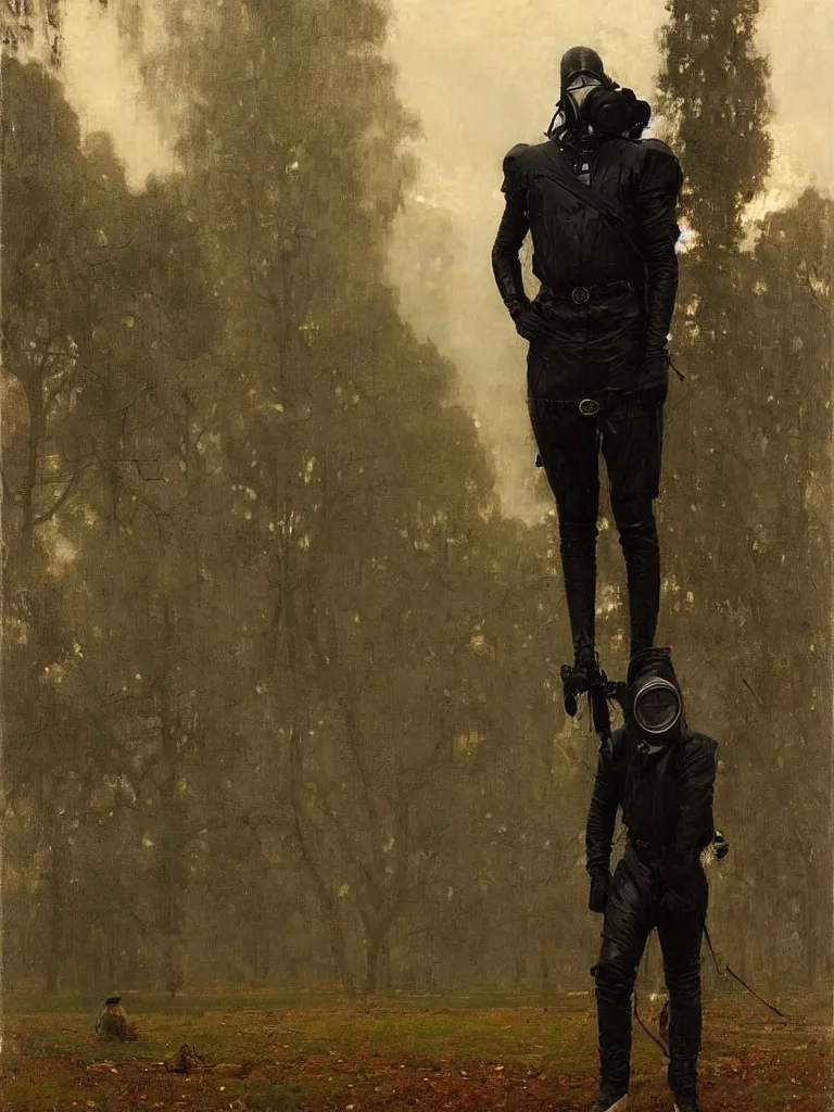 Prompt: an incredibly tall man dressed entirely in latex and wearing a gas mask standing in the grounds of an enormous stately mansion at dusk, john william waterhouse, michael alford, jeremy mann