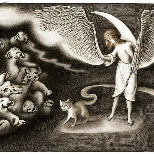 Prompt: an angel leading a crying cat to hell by heironymous bosch