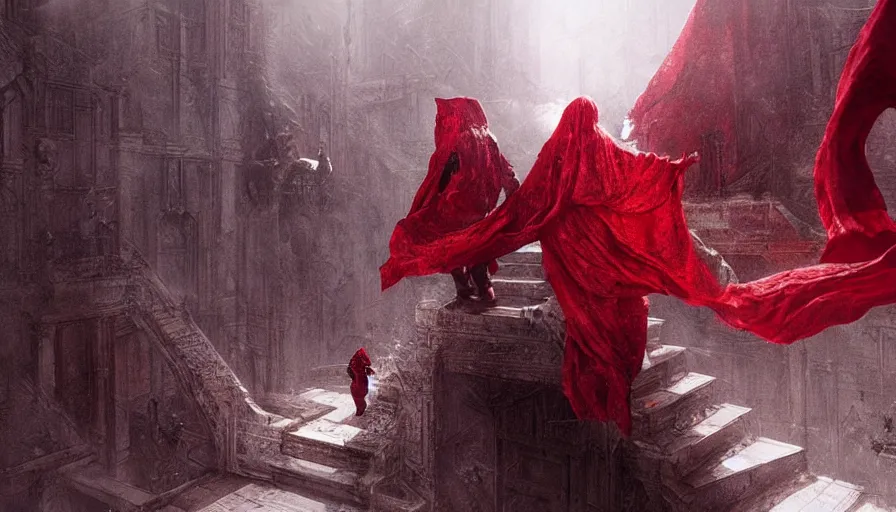 Image similar to figures in red cloaks ascend huge creepy fantasy stairs, cinematic, movie still, art by ruan jia and albert voidstar