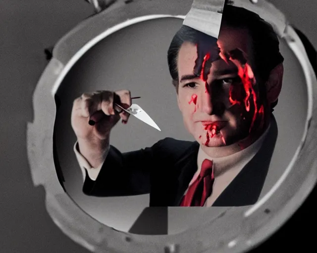 Image similar to bloody ted cruz holding knife with searchlight overhead, film reel, technicolour film