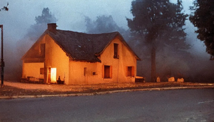 Prompt: 1 9 7 0 s movie still of a heavy burning french style little house by night in autumn, in a small northern french village, by sony mini dv camera, heavy grain, high quality, high detail, dramatic light, anamorphic, flares