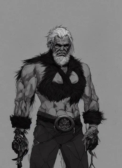 Image similar to Full body portrait of an old muscular man with white hair and black beard wearing bear skin. In style of Yoji Shinkawa and Hyung-tae Kim, trending on ArtStation, dark fantasy, great composition, concept art, highly detailed.