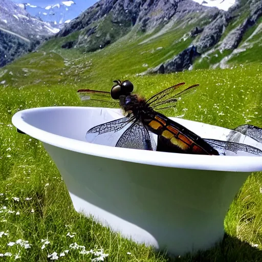 Prompt: dragonfly in a bathtub in the alps, herd of goats!!!! in background