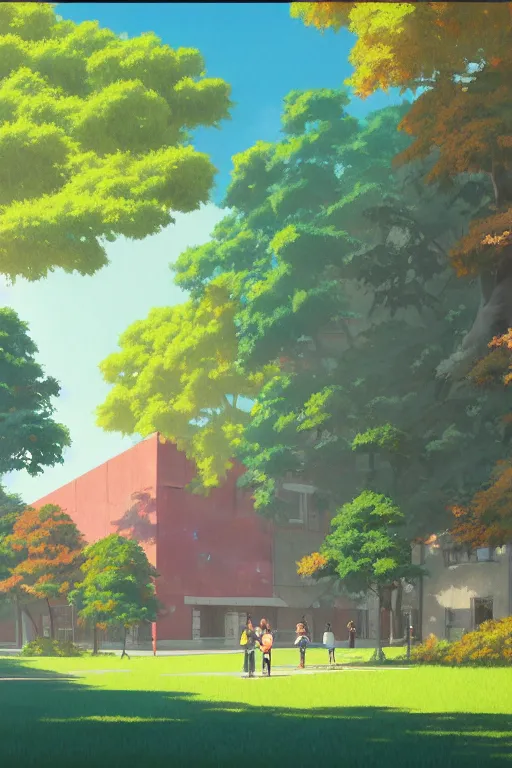 Image similar to a colorful high school building with beautiful trees, morning, by studio ghibli painting, superior quality, masterpiece, traditional Japanese colors, by Grzegorz Rutkowski, concept art
