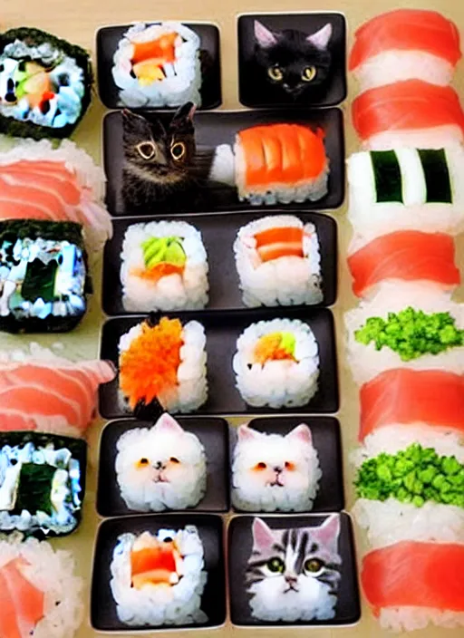 Image similar to clear photorealistic picture of adorable cats made out of sushi