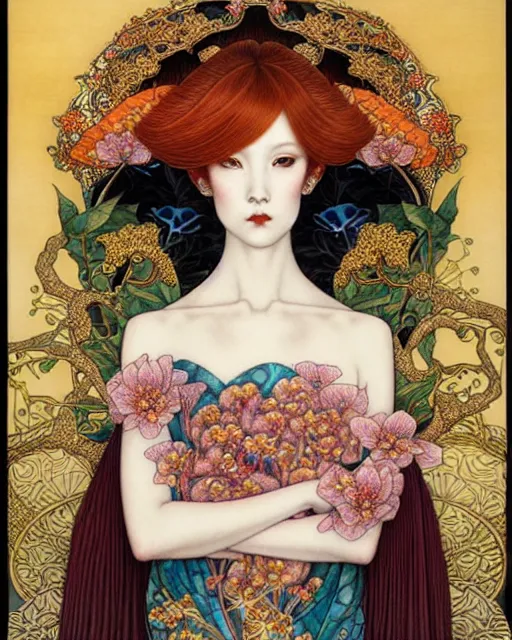 Image similar to beautiful and playful ethereal ginger portrait, art nouveau, fantasy, intricate japanese flower designs, elegant, highly detailed, sharp focus, art by chie yoshii