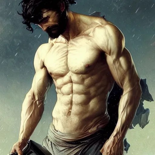 Image similar to a chad with wavy black hair and a beard. muscular. godlike. tank top. using a computer., picture by greg rutkowski, dynamic pose, intricate, futuristic, fantasy, elegant, by stanley artgerm lau, greg rutkowski, thomas kindkade, alphonse mucha, loish, norman rockwell,