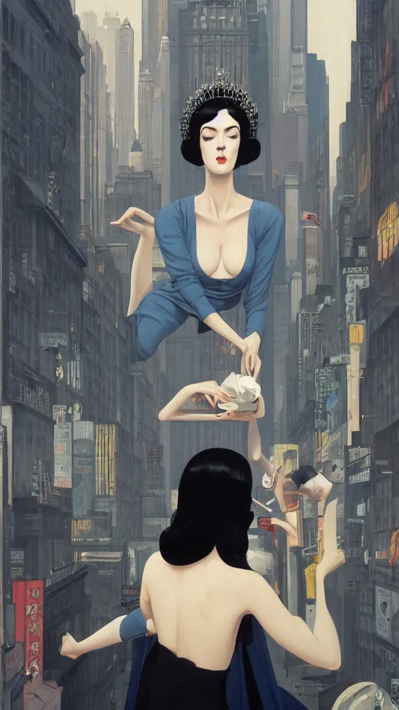 Image similar to a tall and beautiful pale woman with very black hair with a crown on her head walk in the streets of new york circa 1 9 8 4 edward hopper and james gilleard, surreal, open ceiling, highly detailed, airbrush, ilya kuvshinov, wlop, stanley artgerm, very coherent, art by takato yamamoto and james jean