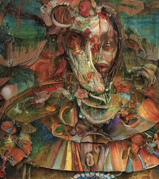 Prompt: an oil painting by botticelli, by arcimboldo, by yoshitaka amano, by beksinski, by giger, by hieronymus bosch seen through a kaleidoscope, detailed, high resolution, scratches