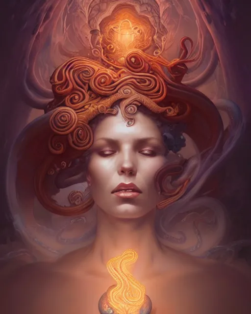 Image similar to beautiful woman made of swirling smoke serpents, radiant light, peter mohrbacher, ferdinand knab, artgerm, portrait