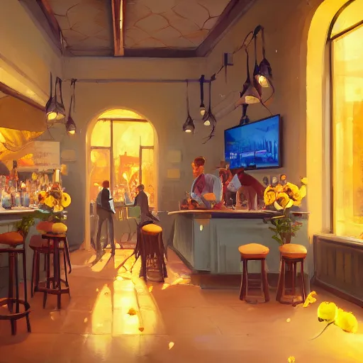 Prompt: painting of bar,after work ,yellow rose, behance hd by Jesper Ejsing, by RHADS, Makoto Shinkai and Lois van baarle, ilya kuvshinov, rossdraws global illumination