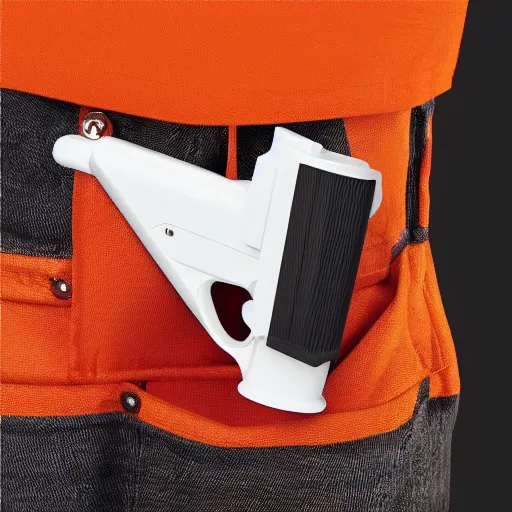 Image similar to highly detailed hand held rail gun, orange, white, black