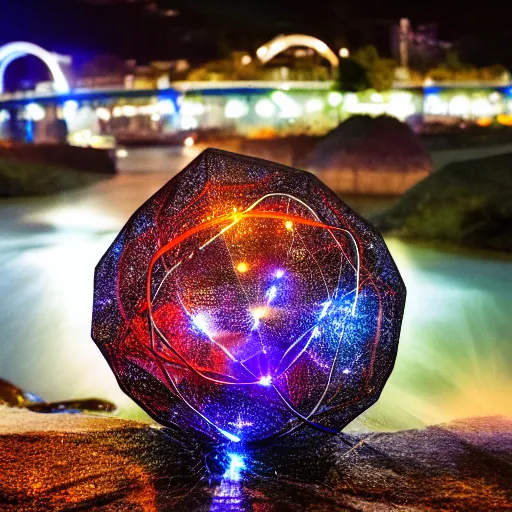 Prompt: river, bokeh, hyperdodecahedron, tesla coil