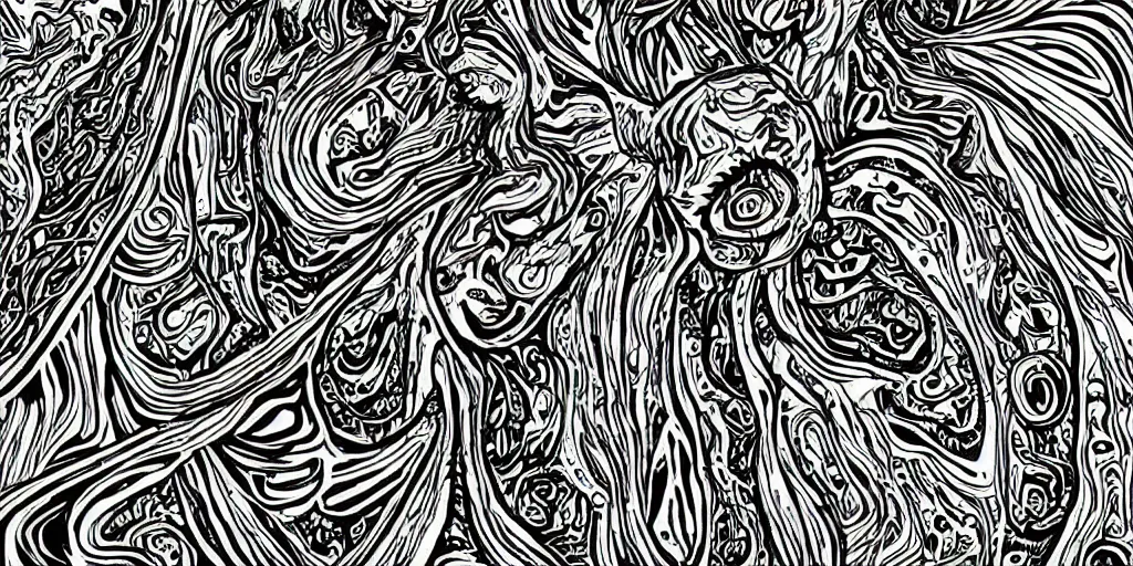 Image similar to bold black and white illustrated artwork thick lines psychedelic shaman