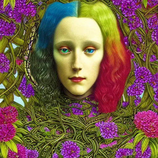 Prompt: A colorful, detailed print - A portrait of a robot with the top of its head composed of flowers and vines. by Arnold Bocklin and Barclay Shaw, masterful print. 4k, unreal engine stunning Art Nouveau